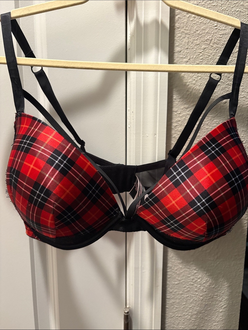 Victoria's Secret Red Plaid Push-Up Bra with Black Trim